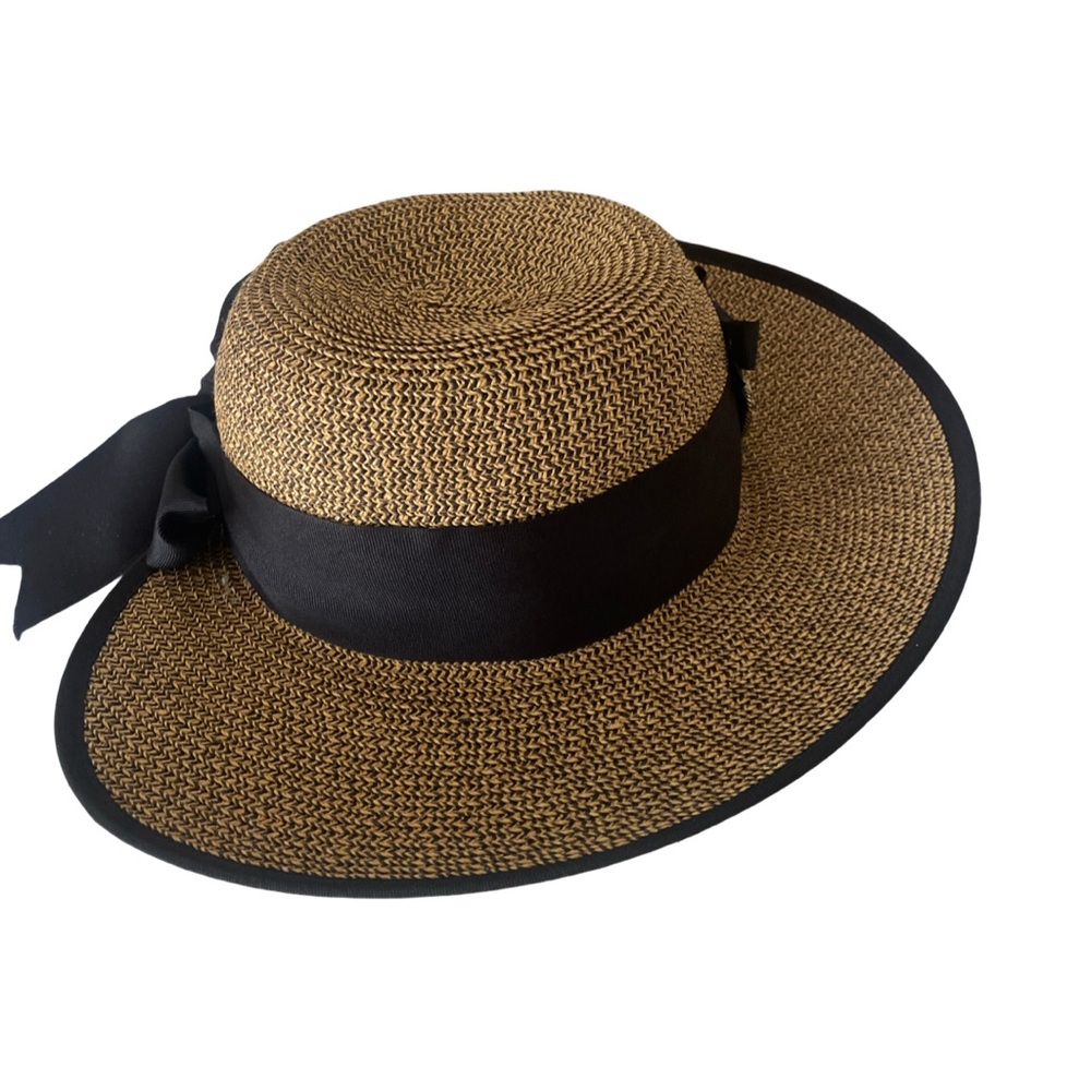 Jeweled Pin Tan and Black Wide-Brim Hat - L brown tan straw , - Picture 4 of 5